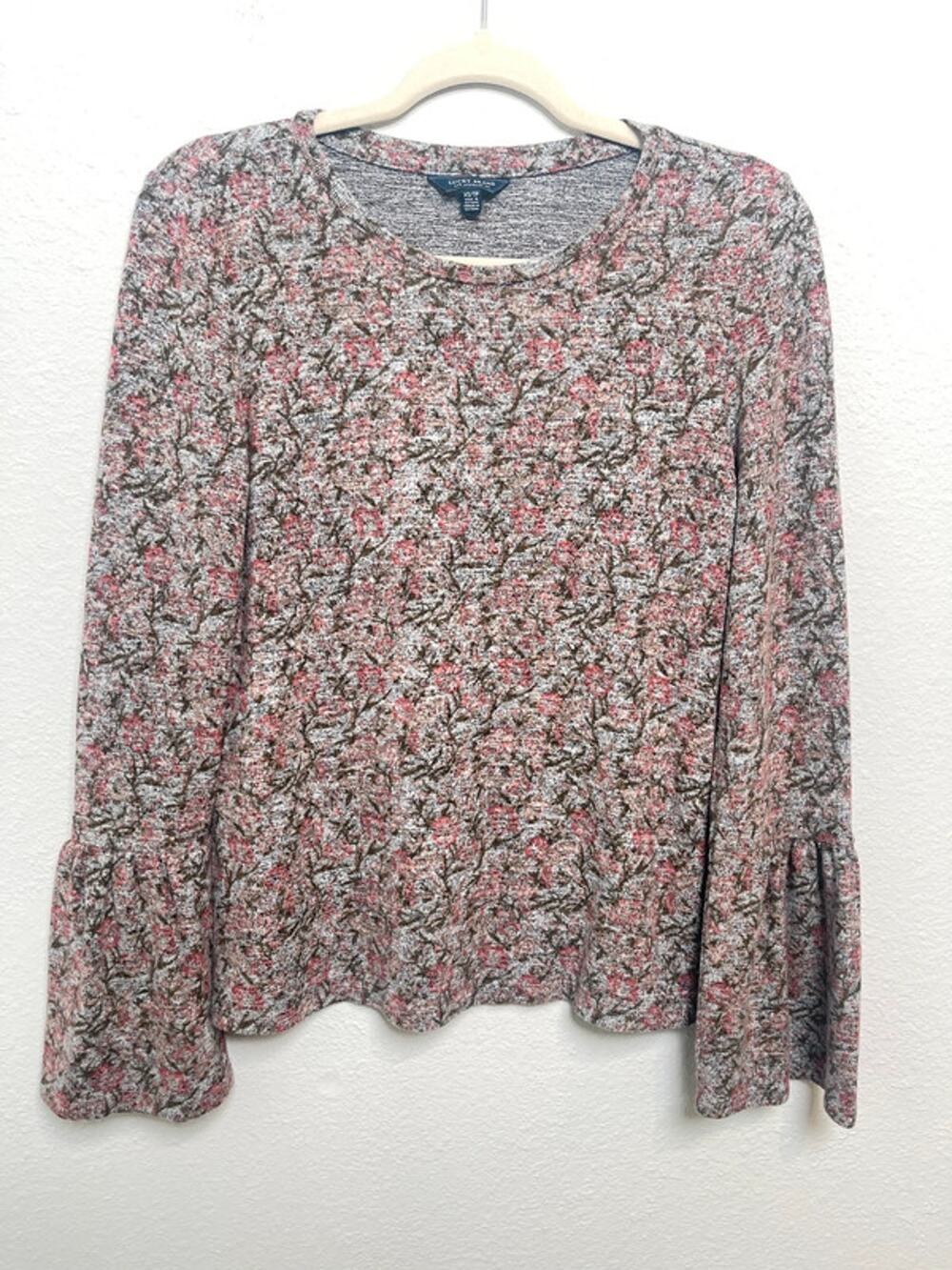 Lucky Brand Floral Knit Top Bell Sleeve Boho Lightweight XS Pink Gray